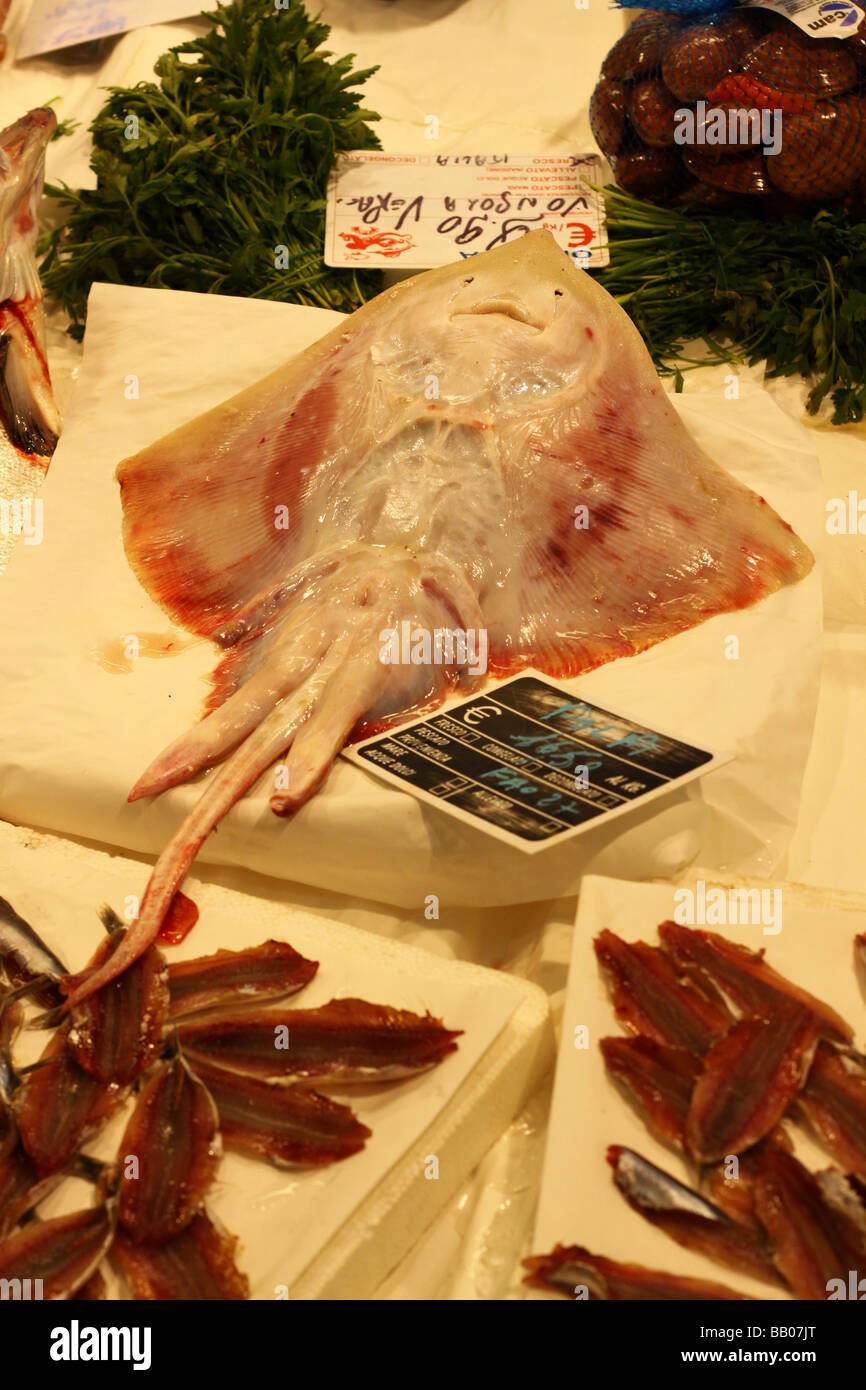 Ray pesci con le acciughe in un mercato di Roma, Italia. Foto Stock
