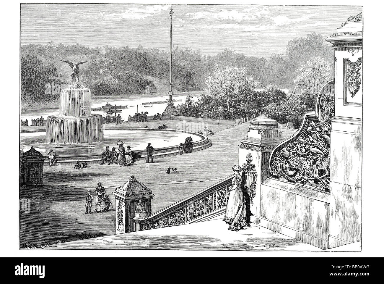 Terrazza al central Park di new york il lago laghi paesaggistici stagni piste a piedi 1890 Foto Stock