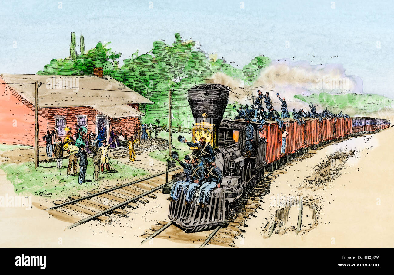 Le truppe dell'Unione trasportata verso la parte anteriore per ferrovia di noi una guerra civile. Colorate a mano la xilografia Foto Stock