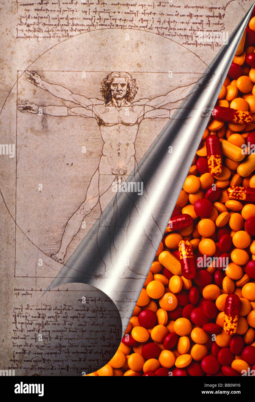 Leonardo Da Vinci ricciolo pagina con le pillole Foto Stock