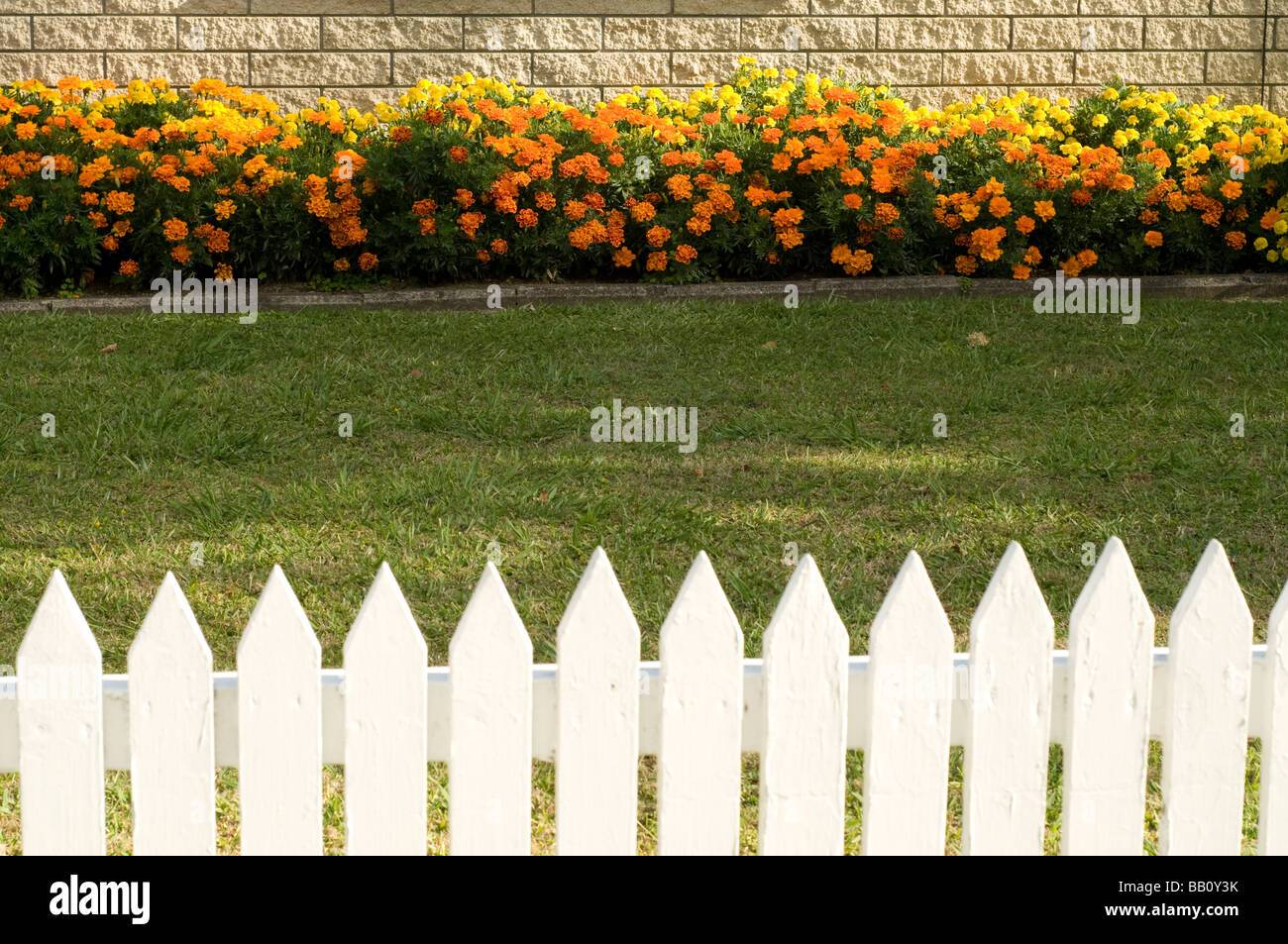 White Picket Fence con letto di fiori Foto Stock