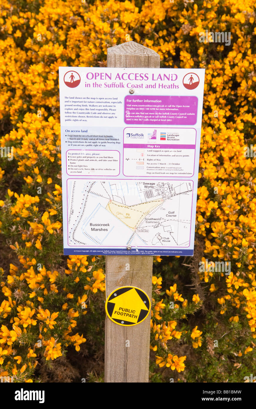 Un segno sulla Southwold comune con una mappa di heath in Southwold,Suffolk, Regno Unito Foto Stock