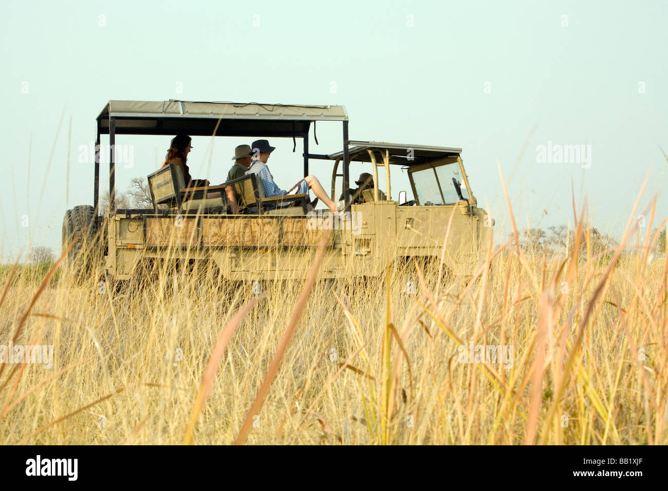 Basso angolo vista di una famiglia in safari, Okavango Delta, Botswana Foto Stock