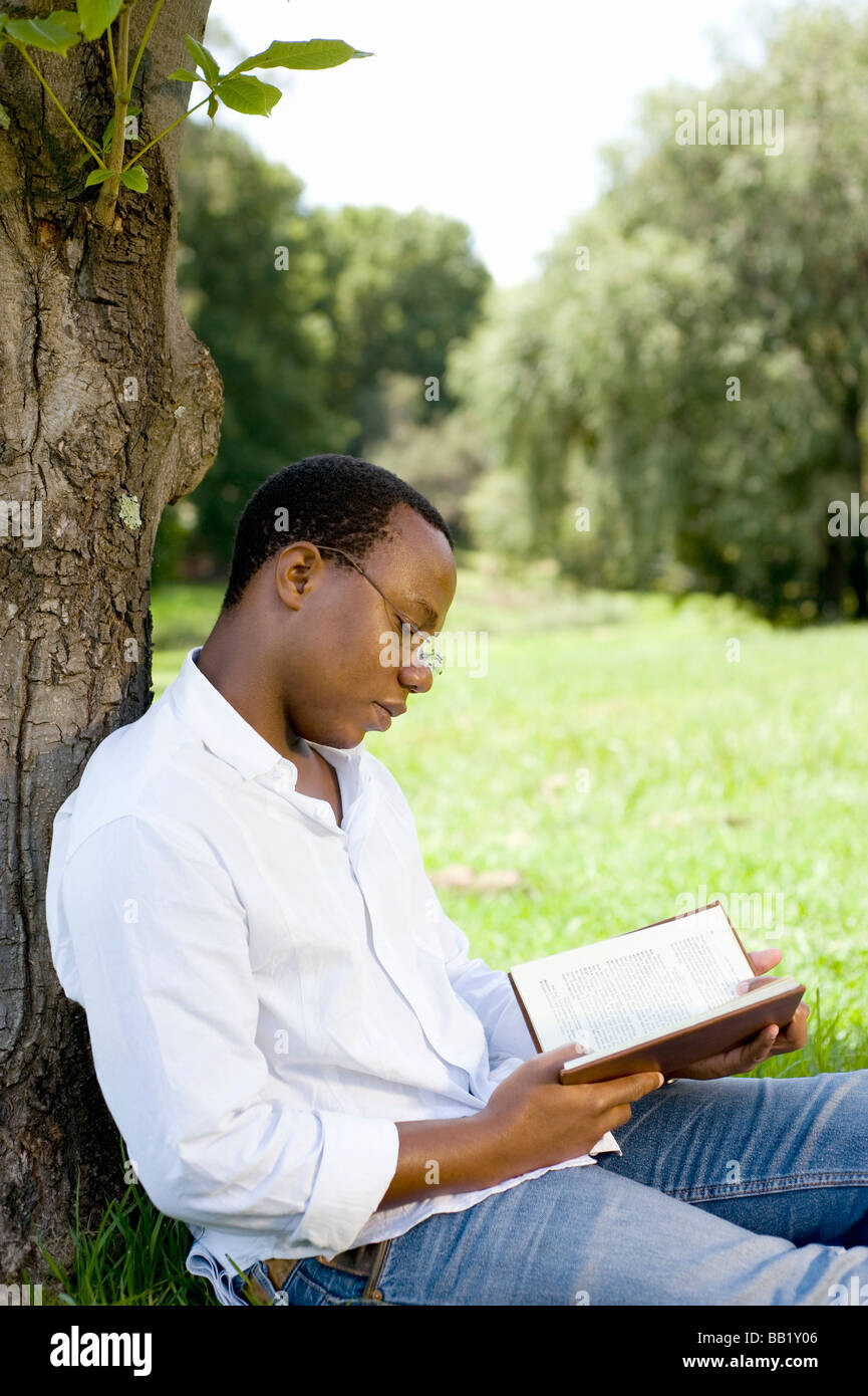 L'uomo la lettura di un libro sotto un albero, Johannesburg, provincia di Gauteng, Sud Africa Foto Stock