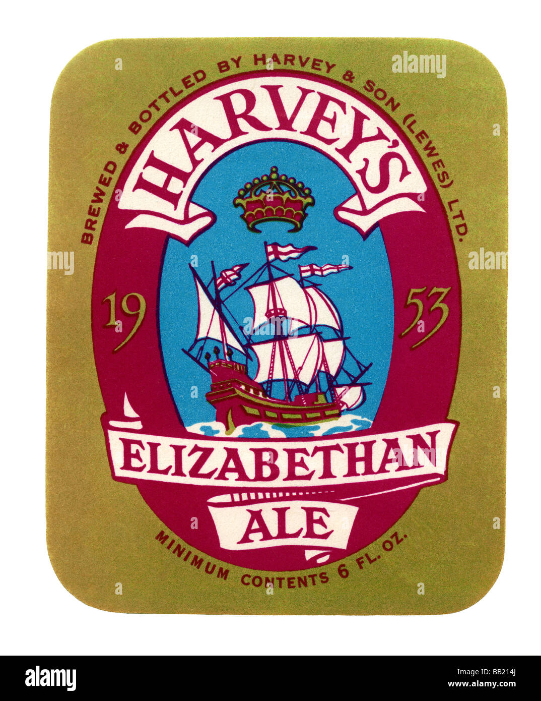Vecchia birra britannica etichetta per Harvey's 1953 Elizabethan Ale, Lewes, East Sussex Foto Stock
