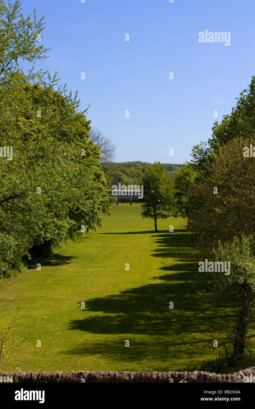 Vista del viale di alberi guardando verso il Rugby pali a Tynedale Rugby Club Corbridge Northumberland Foto Stock