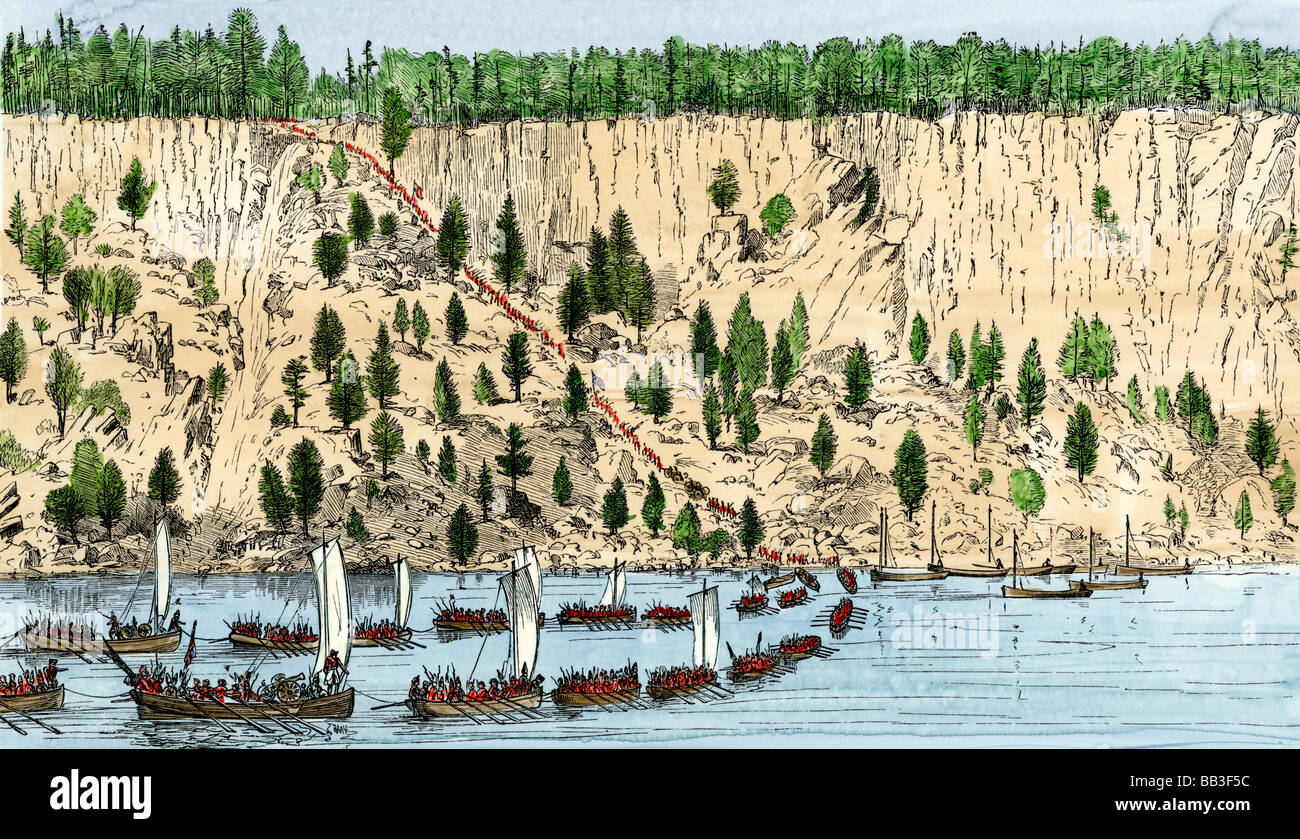 Le forze britanniche di atterraggio sulla New Jersey Shore del fiume Hudson, facendo in modo che le truppe americane a ritirarsi, Novembre 20, 1776. Colorate a mano la xilografia Foto Stock