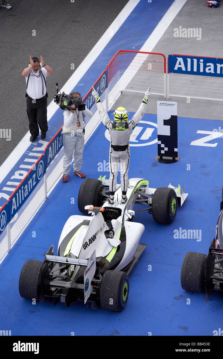 Jenson Button festeggia 2009 vincitore del Gran Premio del Bahrain Foto Stock