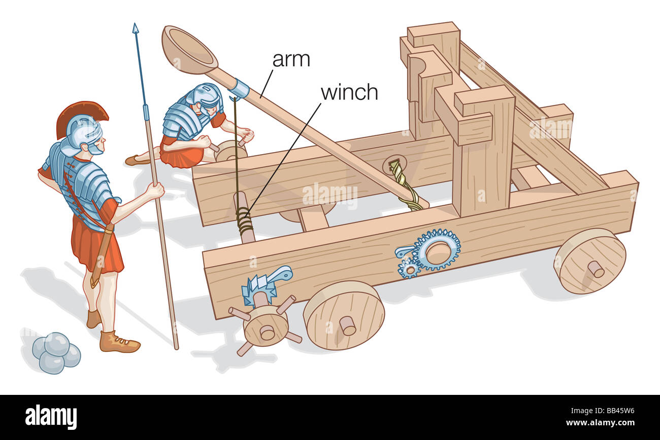 Illustrazione di una piccola catapulta con ruote, come sarebbe stato usato in battaglia. Foto Stock