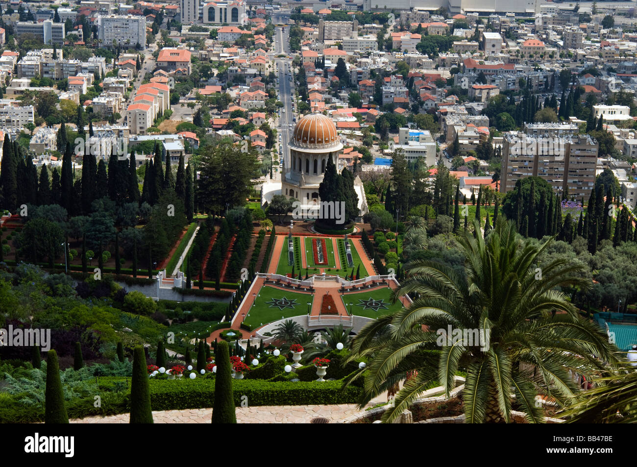 Santuario del Bab dalla terrazza, Bahais temlpe, Haifa,Mare Mediterraneo,Israele Foto Stock