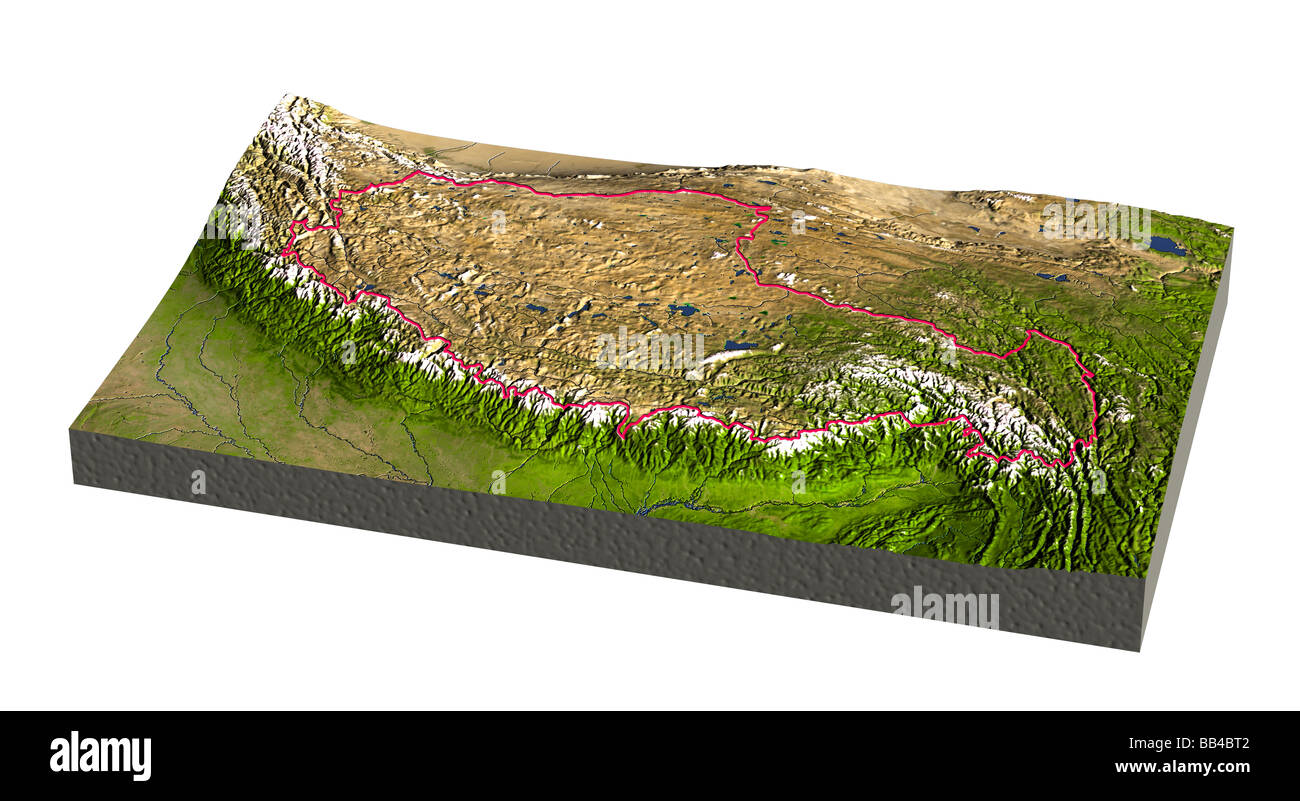 Il Tibet. Ombreggiato 3D rilievo mappa con bordo in rilievo. Include clip percorso per lo sfondo. Foto Stock