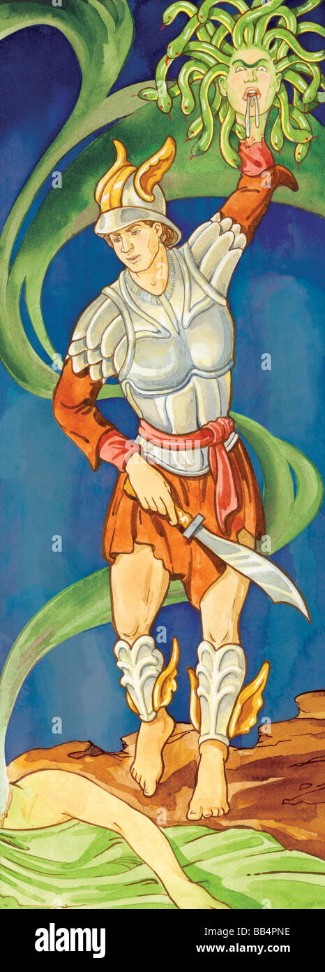Perseo, un eroe della mitologia greca, divenne famoso per l'uccisione di Medusa, un mostro con i capelli di serpenti e le ali di cuoio. Foto Stock