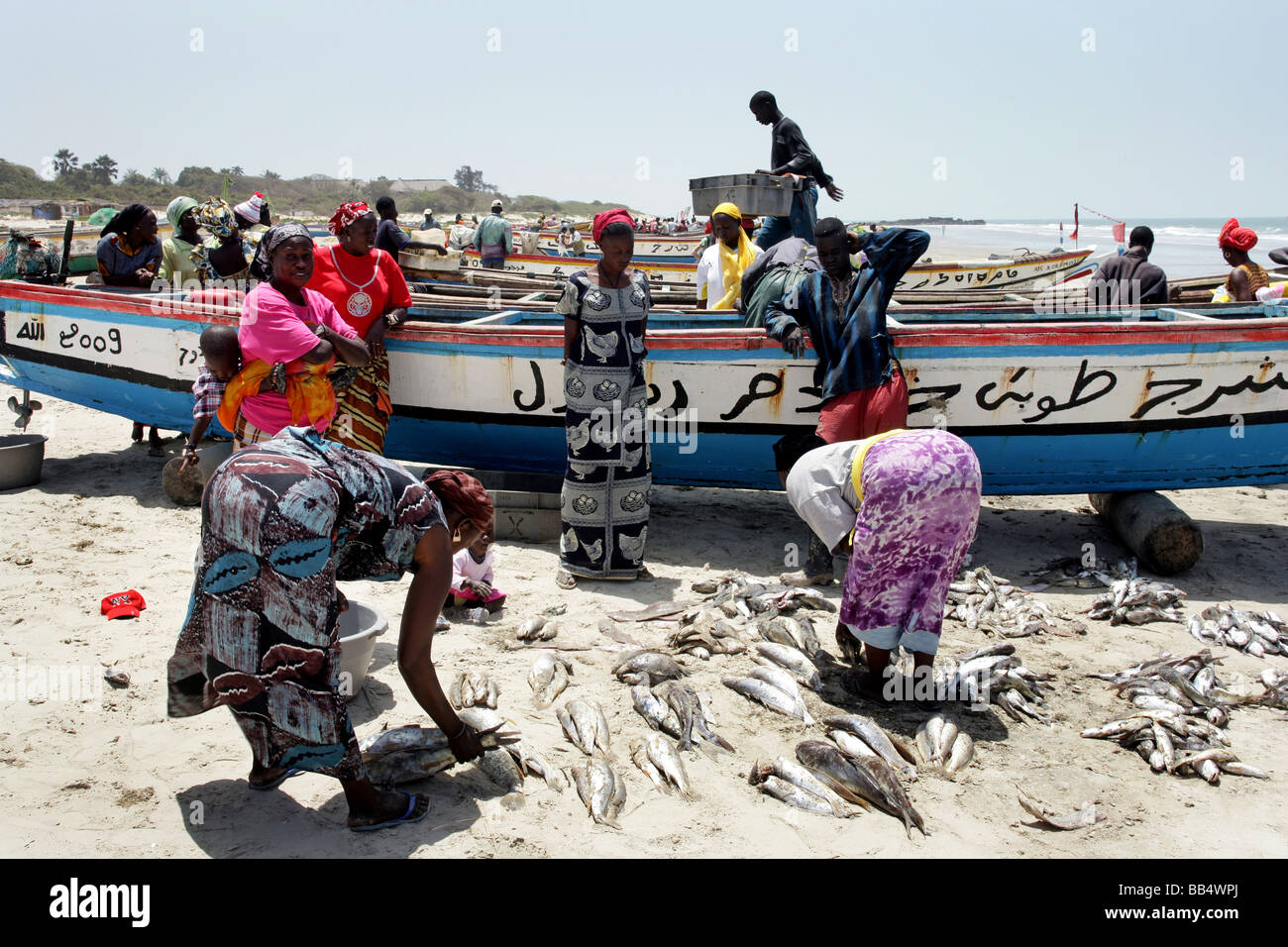 Donne ordina la pesca fresca sulla spiaggia di Kap Skirring, Senegal Foto Stock