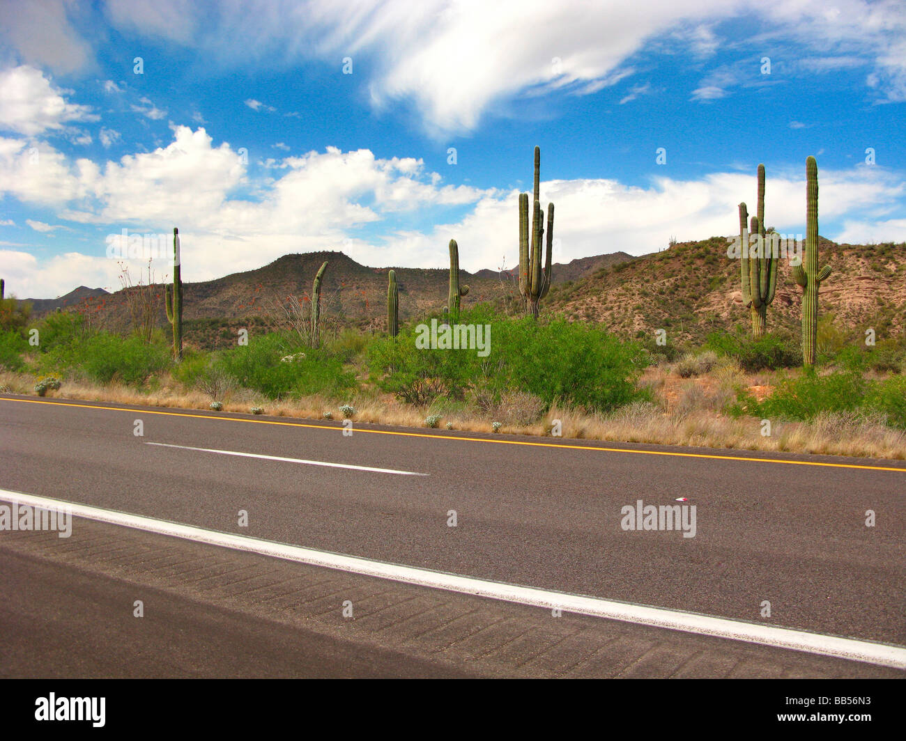 Desert road,vuota,pulire la tarmac,blu del cielo Foto Stock