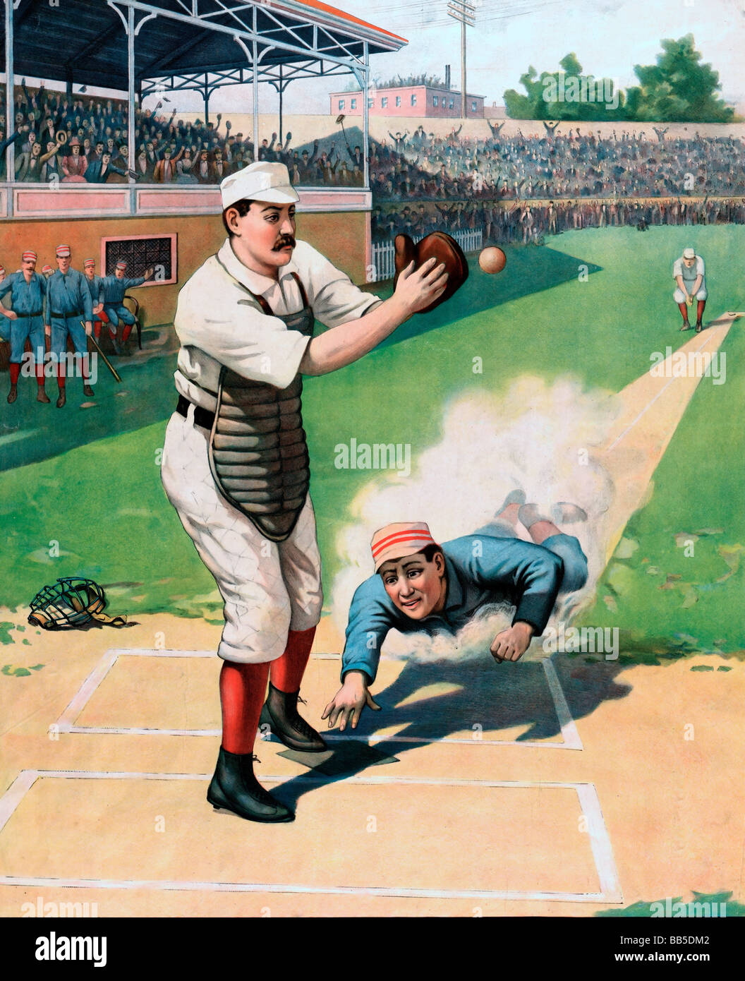 Stampa Vintage che mostra lo scorrimento della guida passato catcher in una partita di baseball, circa 1900 Foto Stock