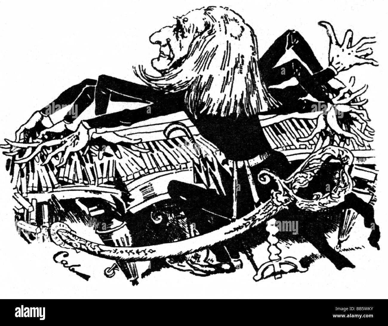 Liszt, Franz, 22.10.1811 - 31.07.1886, compositore ungherese, a mezza lunghezza e caricatura, illustrazione da 'Albumblatt", secolo XIX, Foto Stock