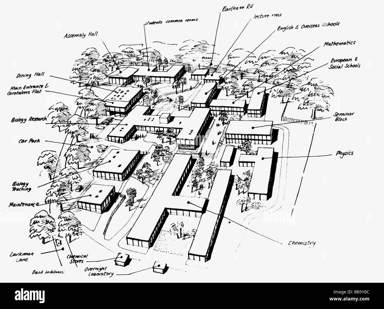 Architettura, edifici, Gran Bretagna, progetto del villaggio prefabbricato dell'Università di East Anglia, 1960s, Foto Stock