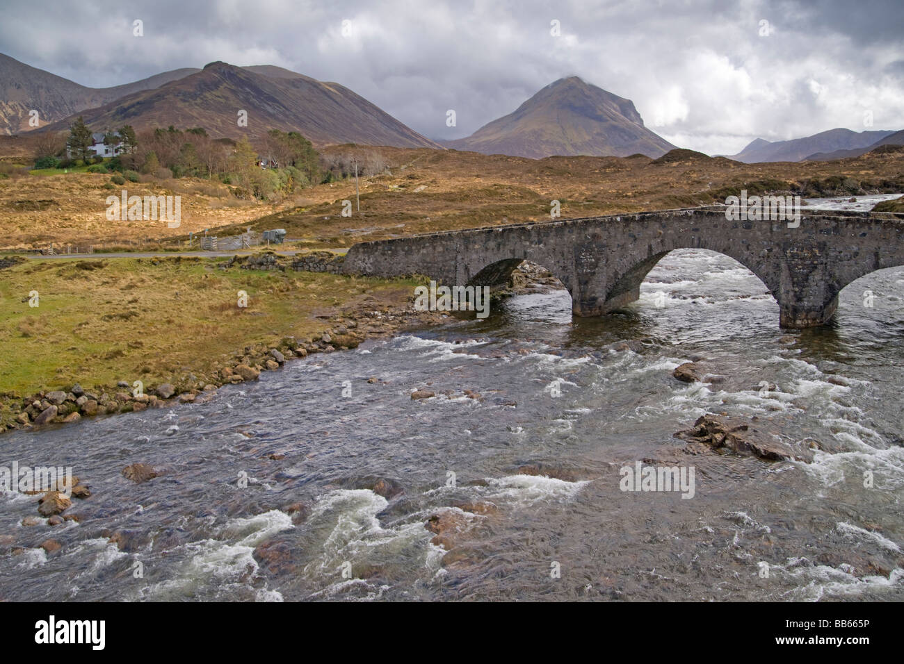 Guardando dal ponte Sligachan a Cuillins Skye regione delle Highlands Scozzesi Aprile 2009 Foto Stock