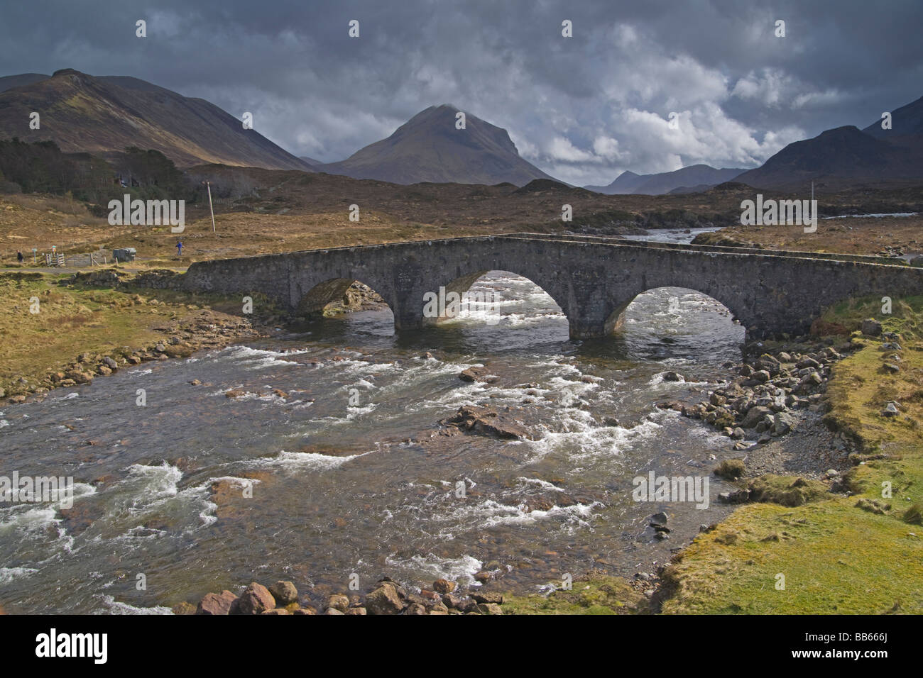 Guardando dal ponte Sligachan a Cuillins Skye regione delle Highlands Scozzesi Aprile 2009 Foto Stock