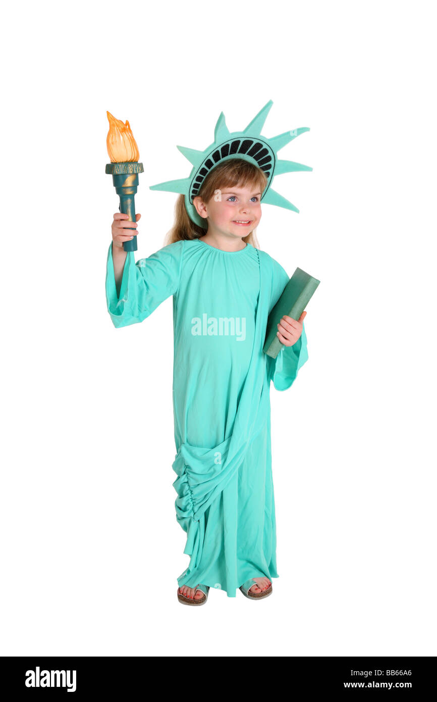 Giovane ragazza vestita come la Statua della Libertà Foto Stock