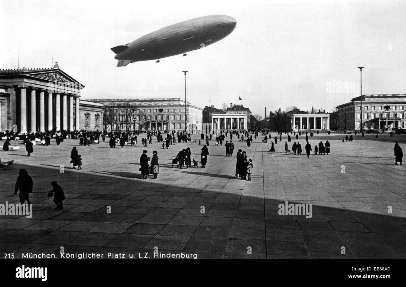 Trasporti/trasporti, aviazione, aeronavi, Zeppelin, LZ 129 'Hindenburg', su Monaco di Baviera, marzo 1936, Foto Stock