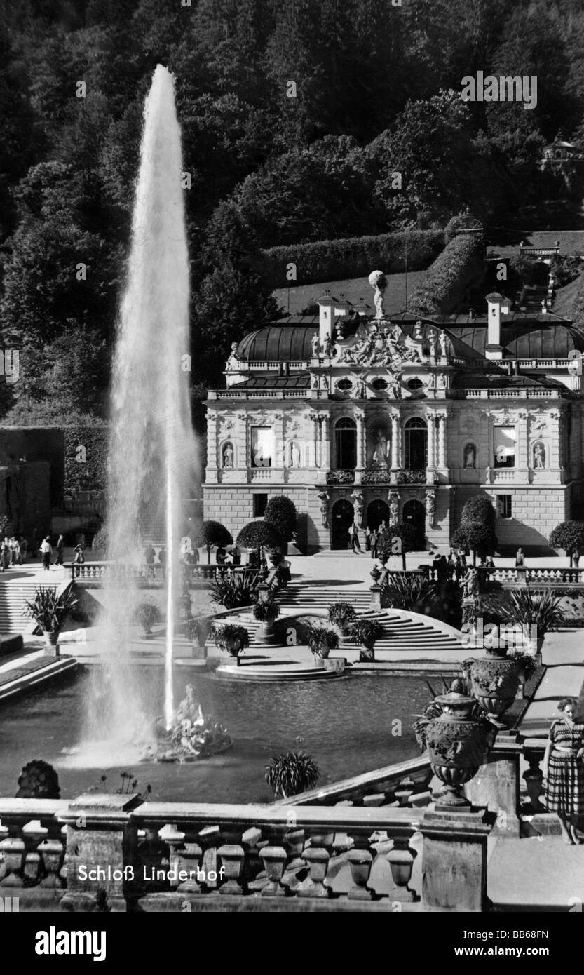 Architettura, castelli, Germania, Baviera, Castello di Linderhof, costruito 1874 - 1878 da re Luigi II, vista esterna, postcar, 1950s, , Foto Stock