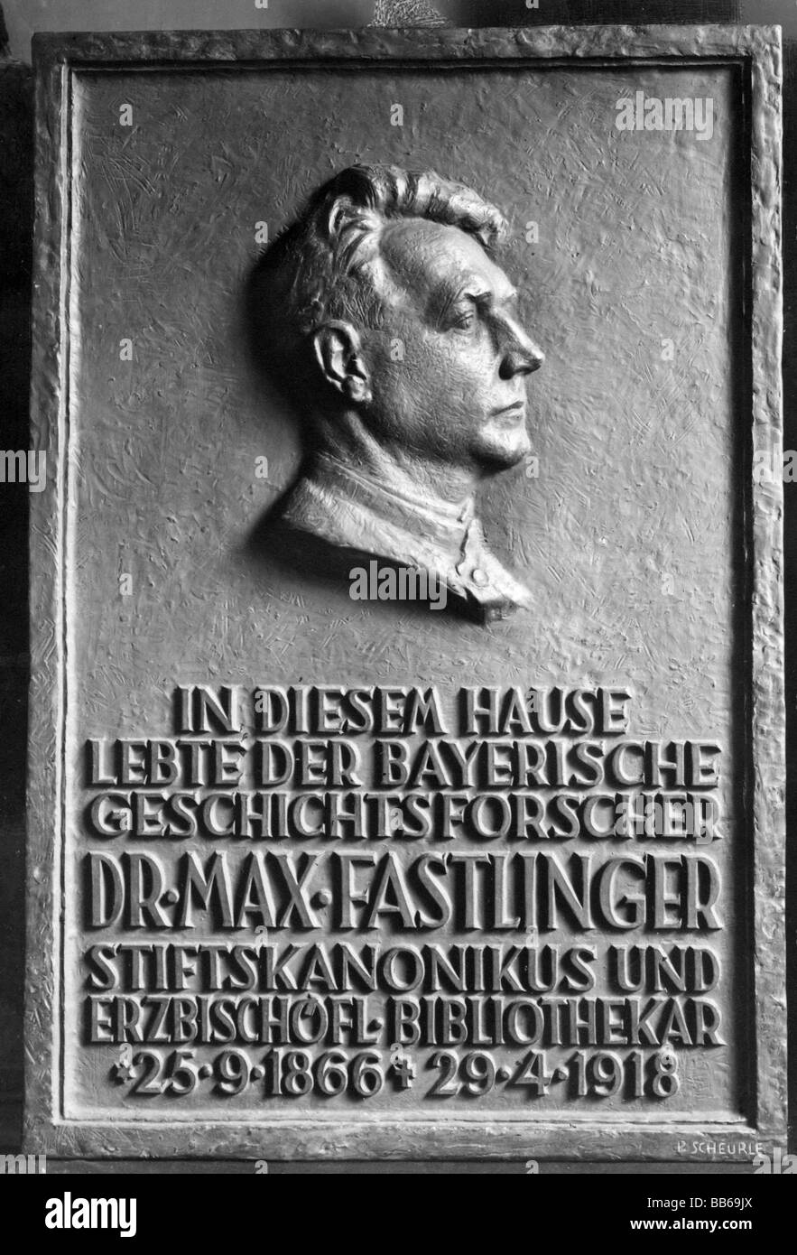 Fastlinger, Max, 25.9.1866 - 29.4.1918, storico bavarese, ritratto, vista laterale, lapide commemorativa, , Foto Stock