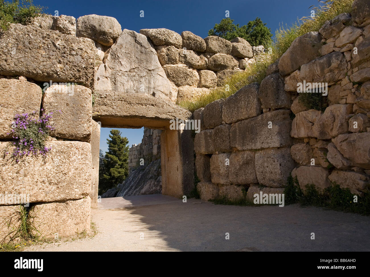 Interno della Porta del Leone di antica Micene in Argolis del Peloponneso Grecia Foto Stock
