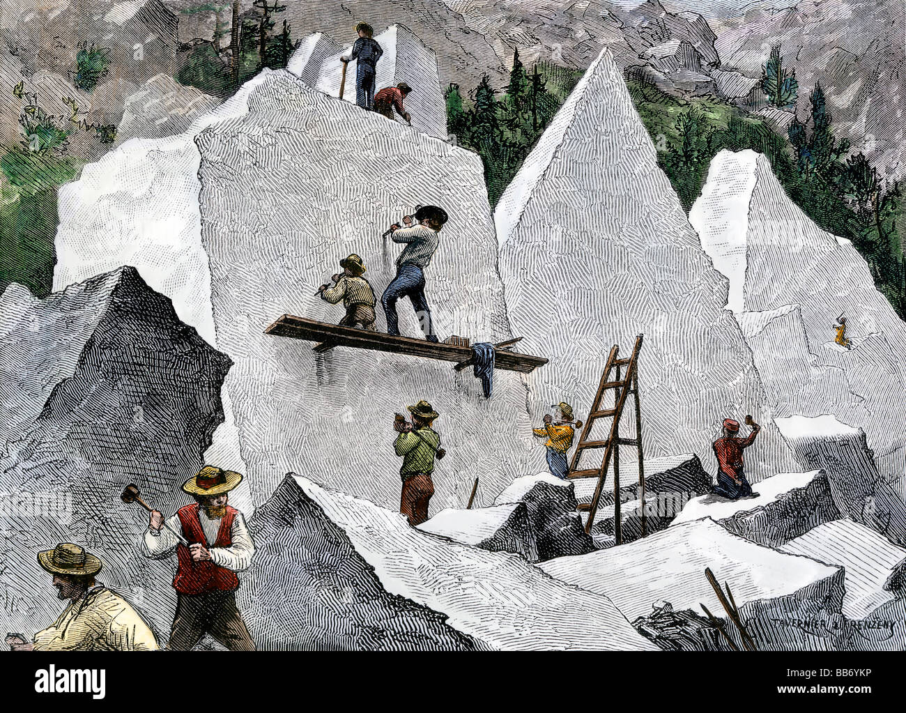 Delle cave di pietra per il tabernacolo mormone a Salt Lake City nello Utah 1870s. Colorate a mano la xilografia Foto Stock