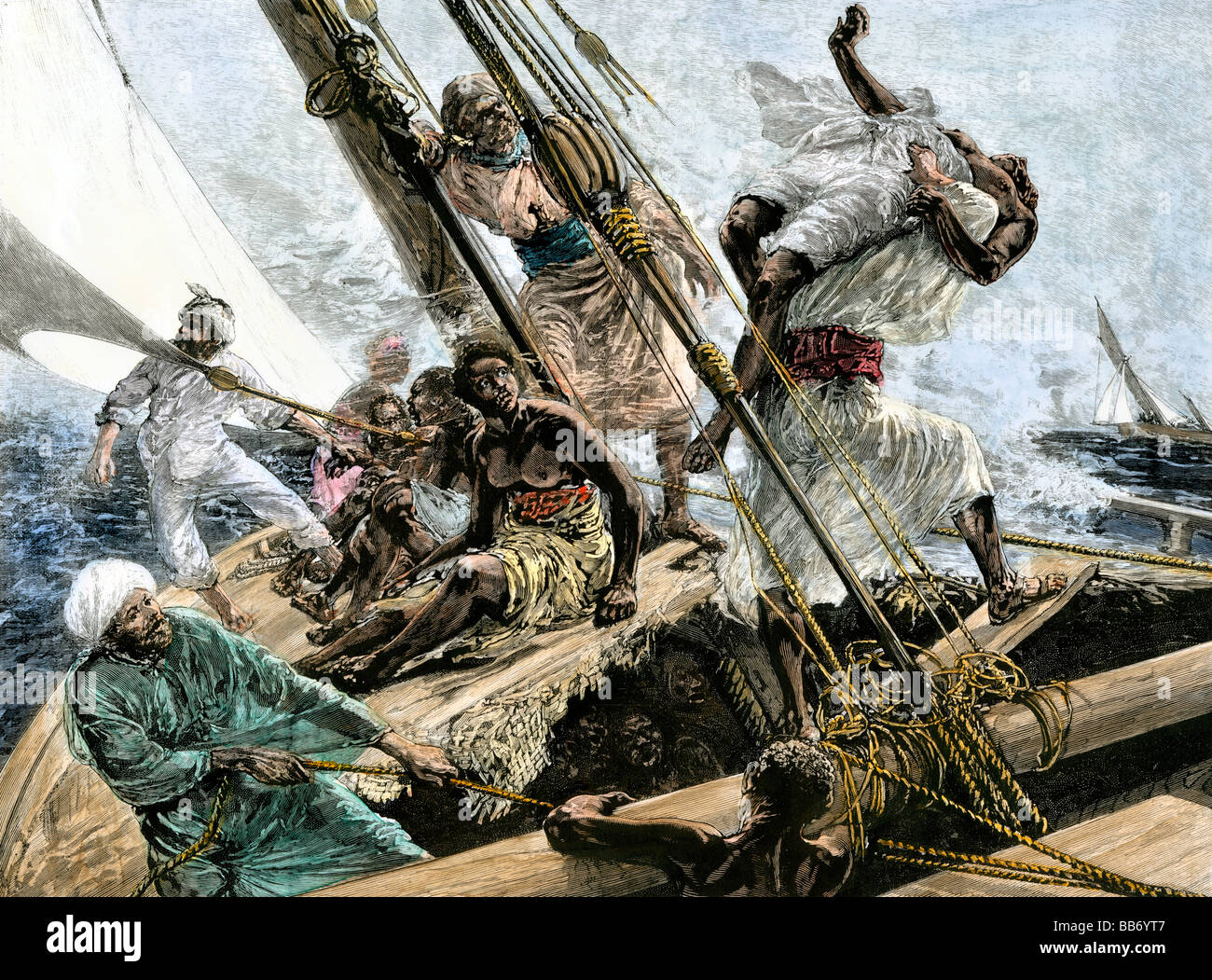 I commercianti arabi gettando gli schiavi africani a mare per evitare la cattura da parte della marina britannica 1800s. Colorate a mano di mezzitoni una illustrazione Foto Stock