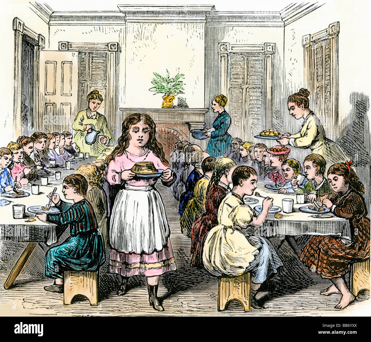 I bambini poveri di mangiare la cena presso i bambini società aiuto summer resort in New York 1800s. Colorate a mano la xilografia Foto Stock