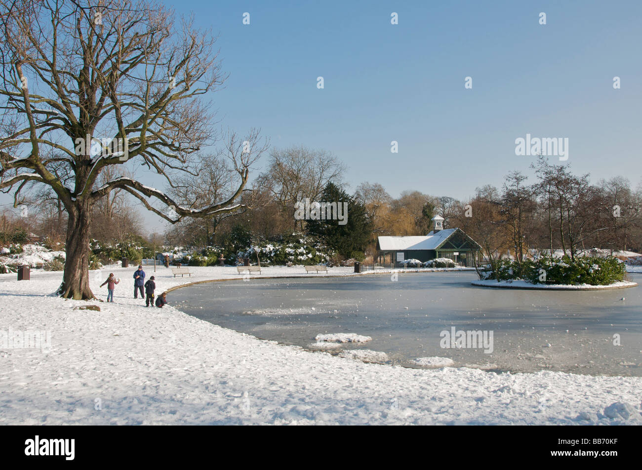 In barca il lago di Regents Park in inverno Londra Inghilterra REGNO UNITO Foto Stock