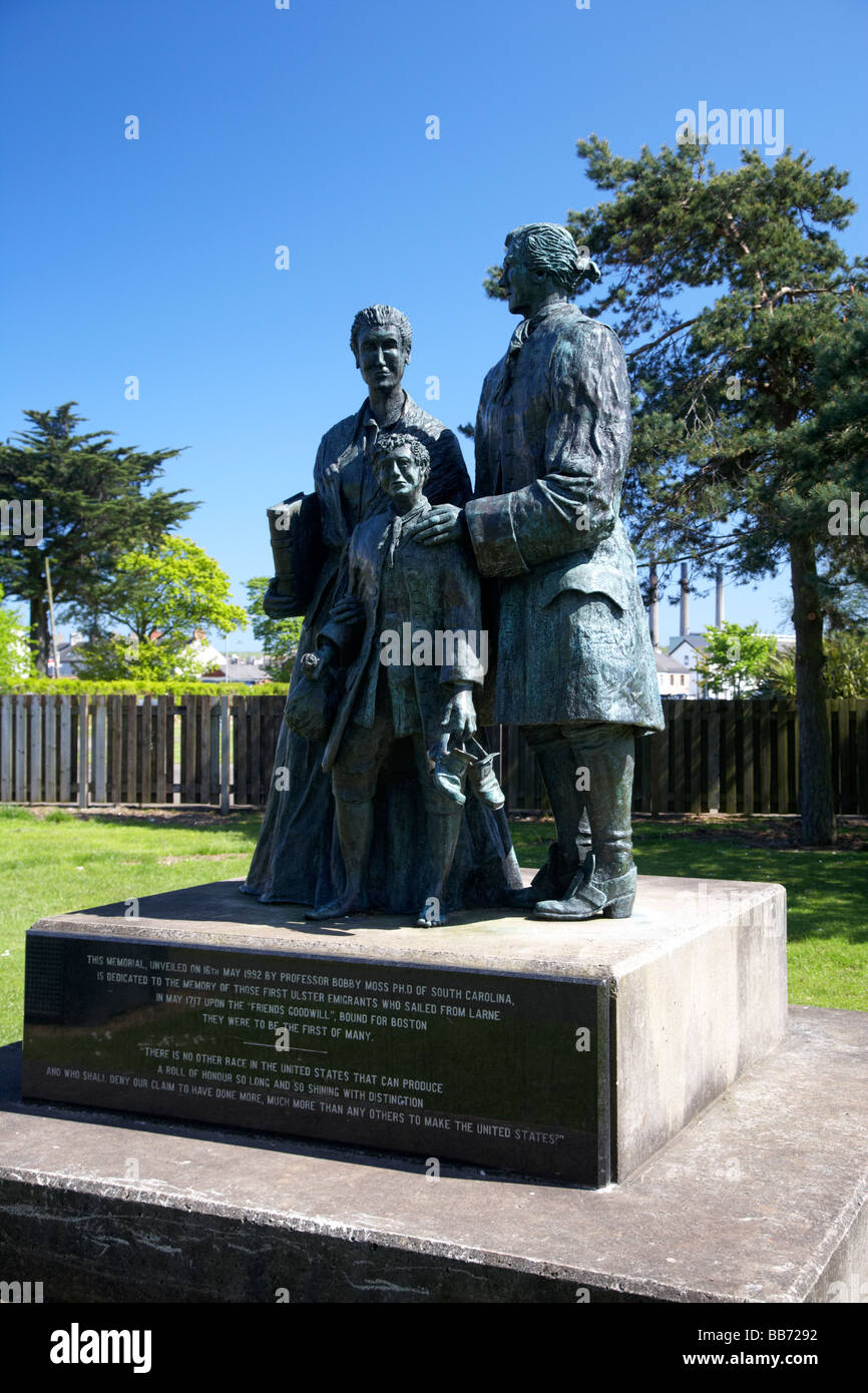 Ulster American immigrazione statua in curran park a larne County Antrim Irlanda del Nord Regno Unito Foto Stock