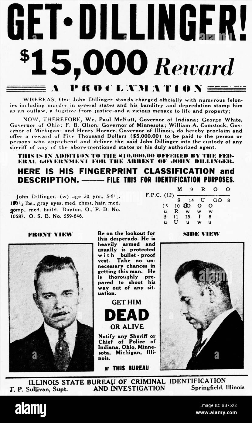 Ottenere Dillinger 1933 manifesto wanted per il famigerato criminale e Americhe il nemico pubblico numero uno Foto Stock