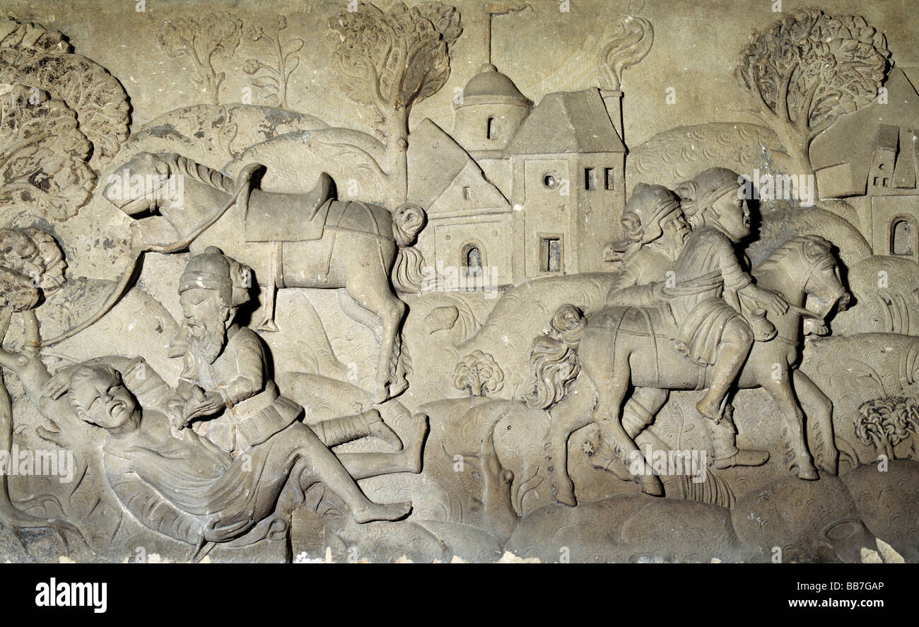 Kaminplatte mit der Darstellung des Gleichnisses vom Barmherzigen Samariter im Museo Mindener, Minden, Weser, Renania settentrionale-Vestfalia Foto Stock
