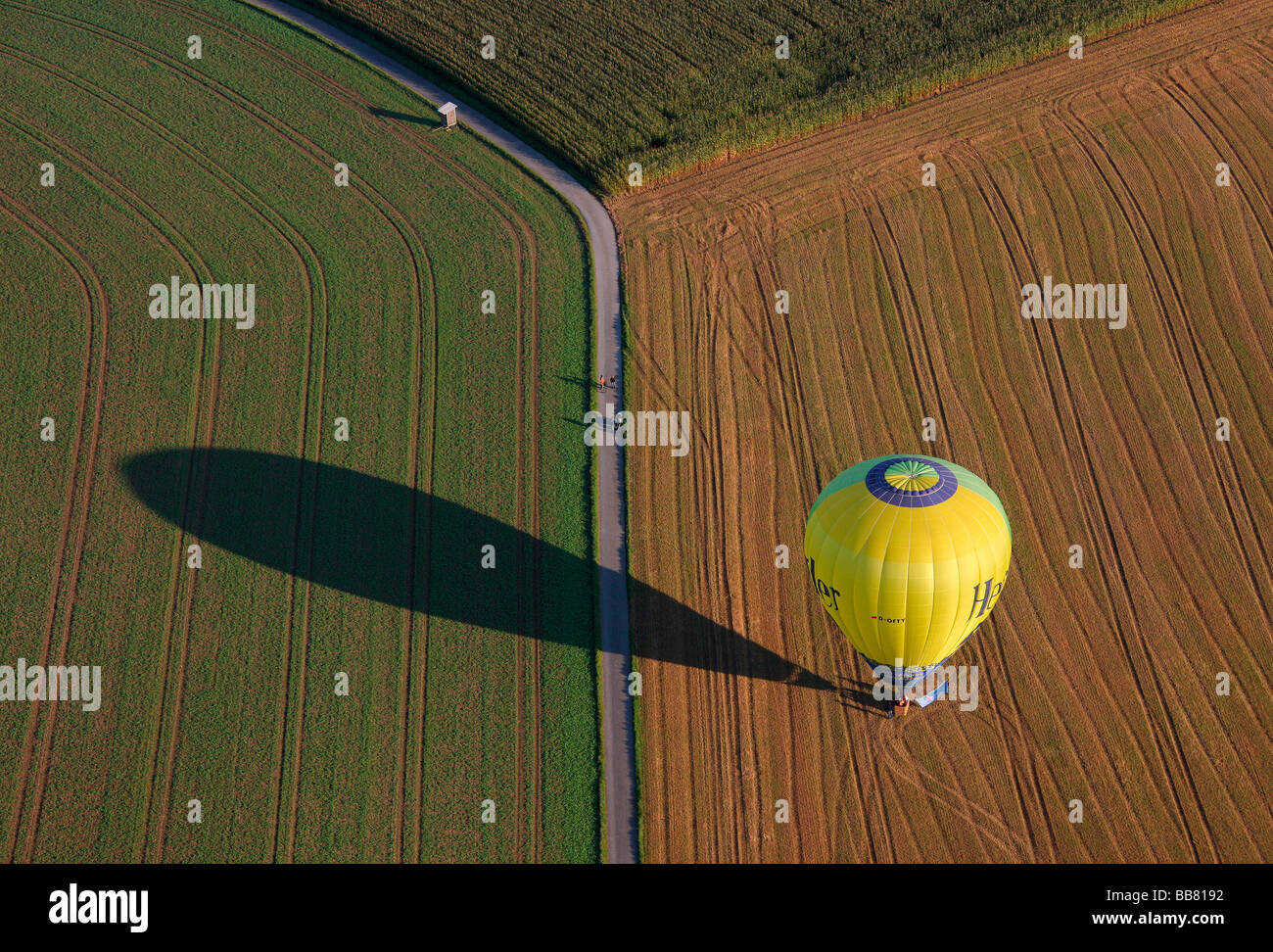 Foto aerea, Balve Eisborn, mongolfiera durante la Mongolfiade Warstein hot air balloon festival, campo di acro, Sauerland, N Foto Stock