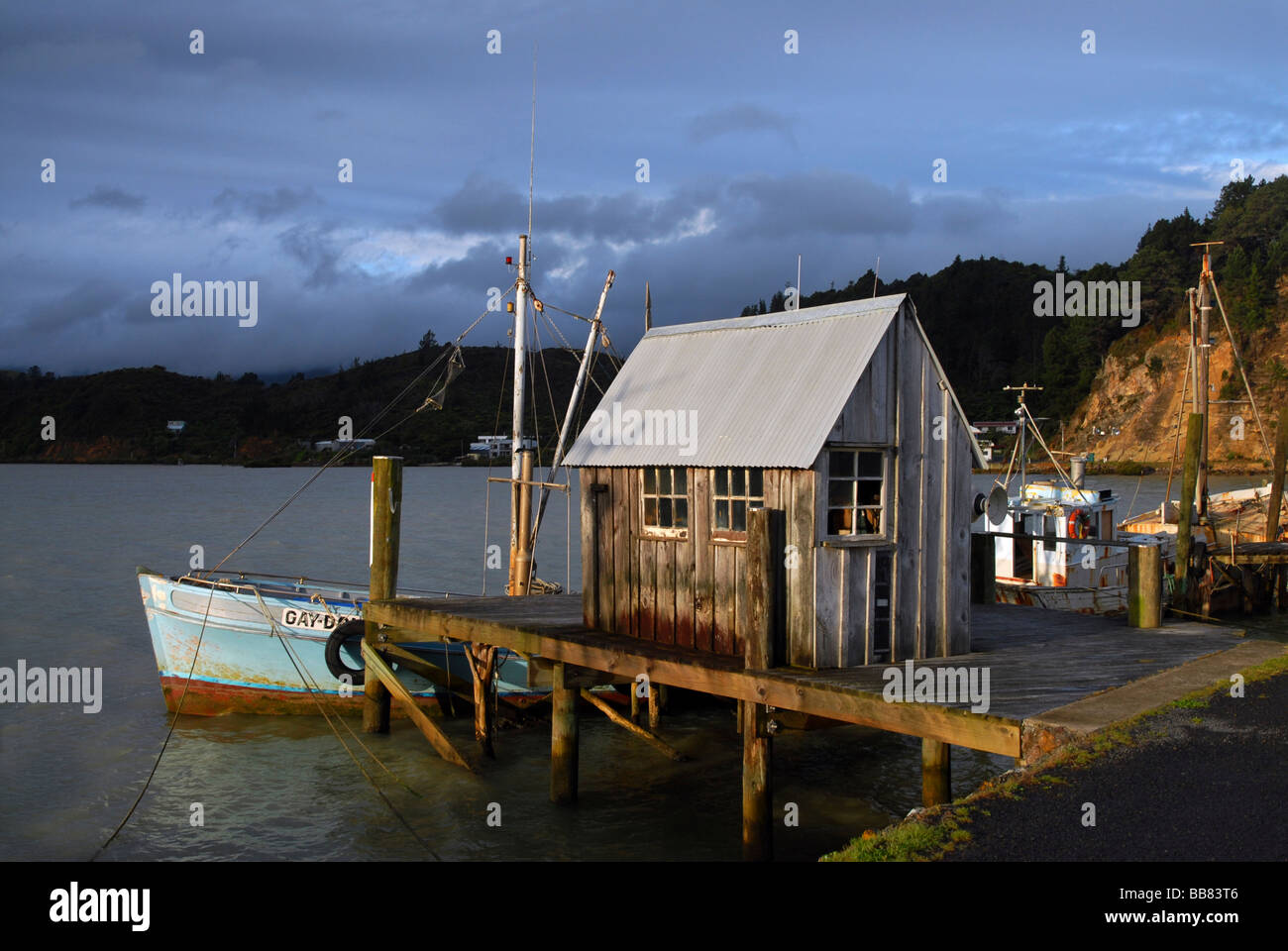 Un capannone in barca nei pressi di Coromandel Town illuminato da l'ultima luce del giorno, Nuova Zelanda Foto Stock