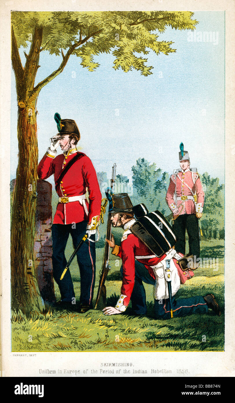 52Nd Oxfordshire fanteria leggera 1858 stampa, il reggimento britannico Skirmishing in uniforme europeo al momento dell'Indiano Mutin Foto Stock