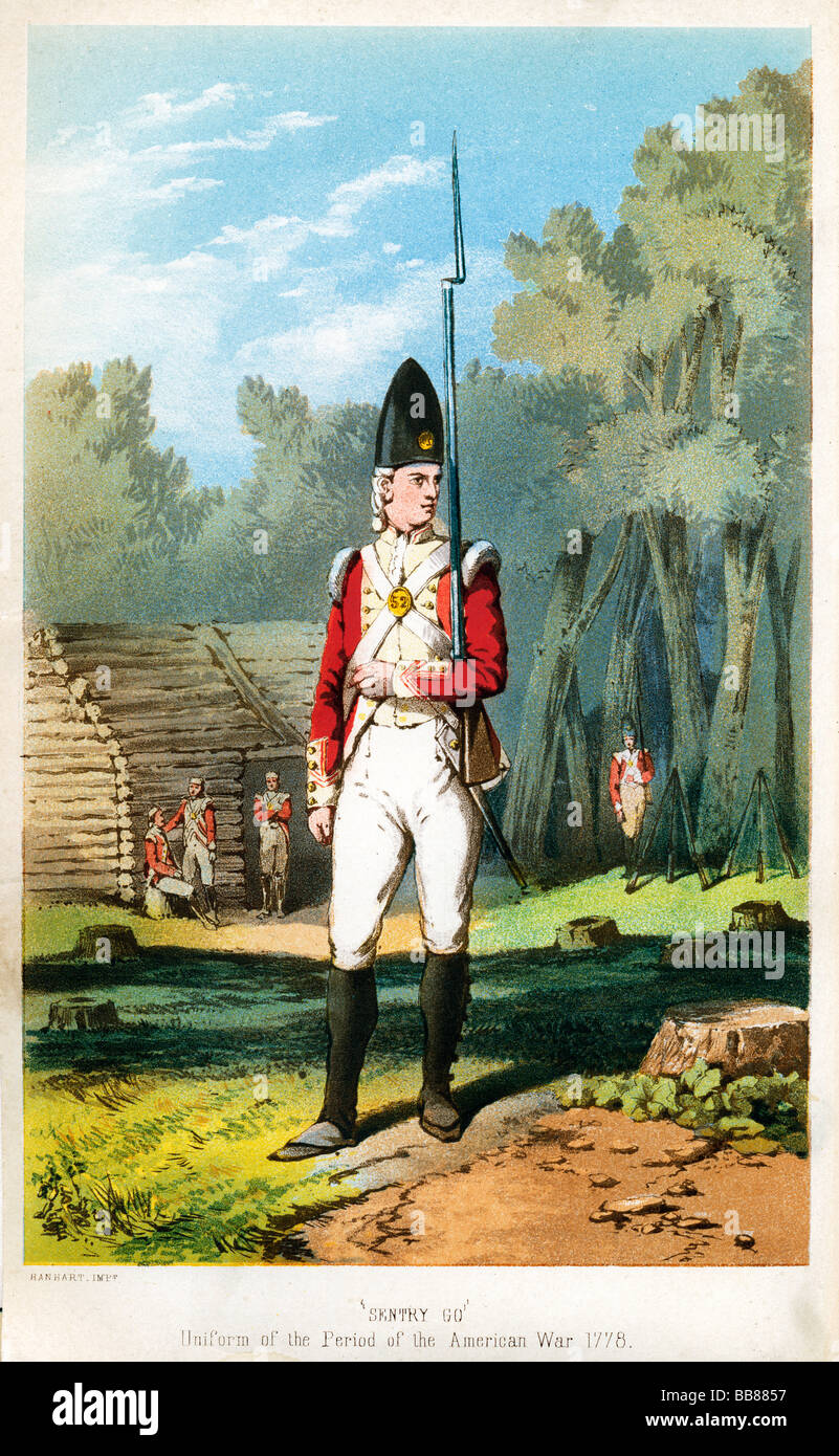 Granatiere 52nd 1778 Illustrazione di una sentinella dal reggimento britannico in servizio nella Guerra di Indipendenza Americana Foto Stock