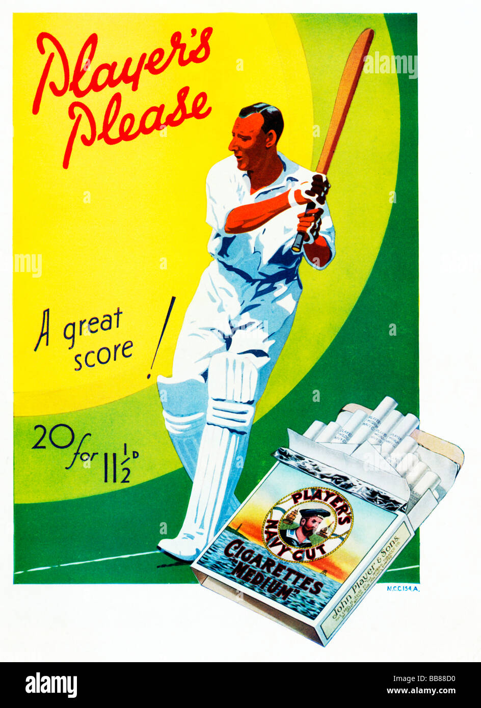 I giocatori si prega di Cricket 1932 annuncio per le sigarette in inglese con un battitore il taglio di un grande cliente Foto Stock