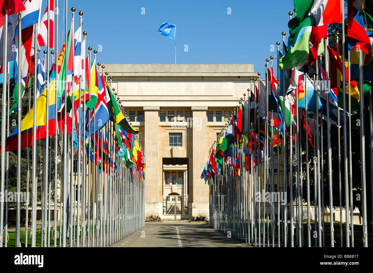 Complesso di bandiera delle Nazioni Unite onu, Palais des Nations, Ginevra, Svizzera Foto Stock