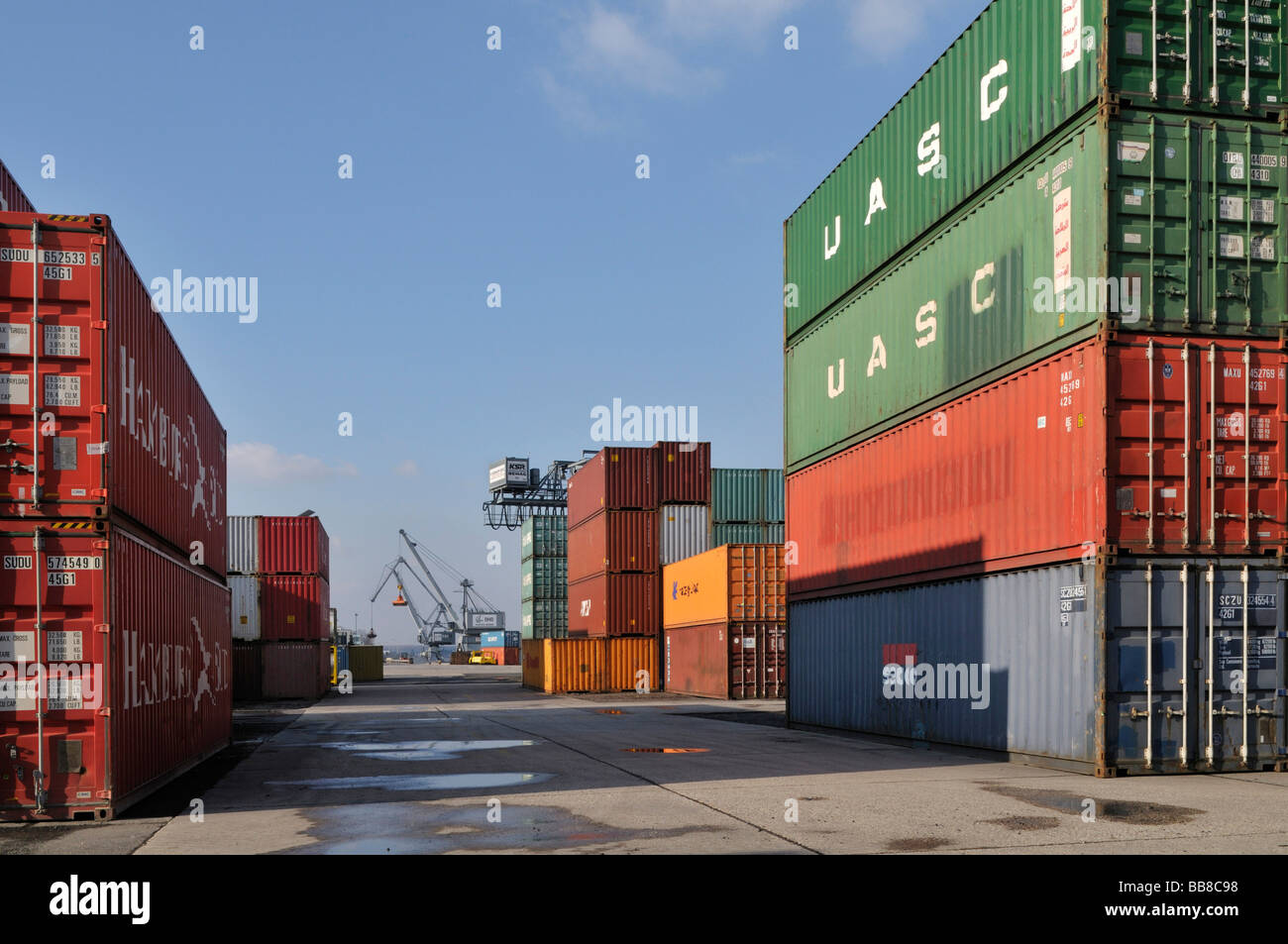 Porto di Bonn il Terminal Container, deposito di container, nella distanza la gru girevole per la movimentazione di carichi alla rinfusa, Nord Rhine-West Foto Stock
