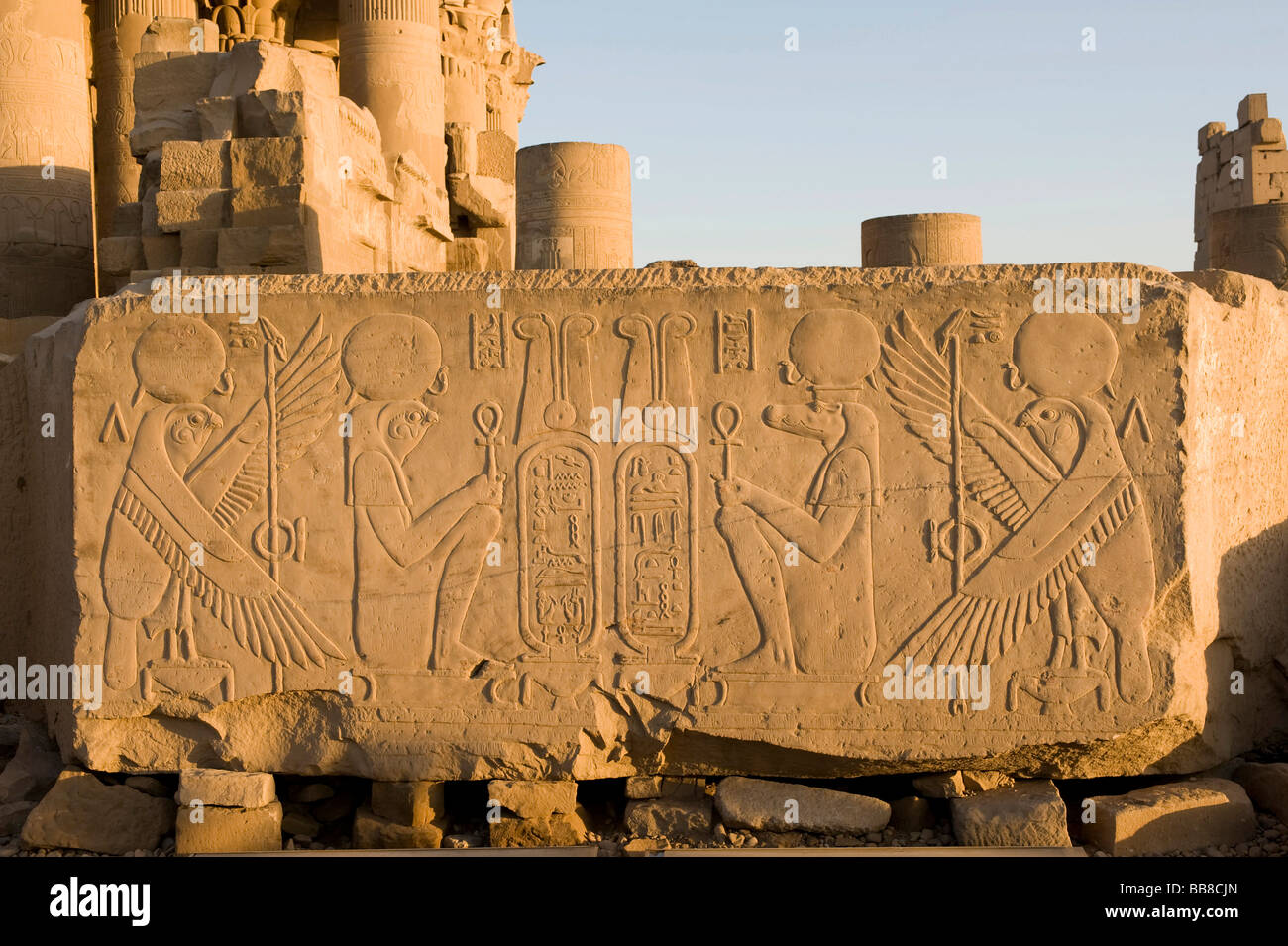 Blocco di pietra con geroglifici, Tempio di Kom Ombo, Egitto, Africa Foto Stock