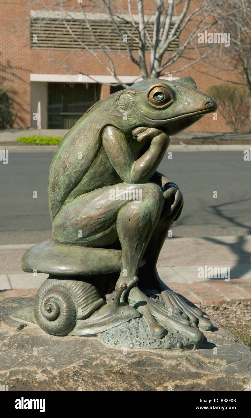 La scultura "Pensare rana dall' artista Ralph Trethewey, arte pubblica su Main Street, Walla Walla, Washington Foto Stock