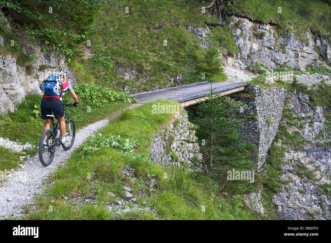 Femmina pilota mountainbike in Altgraben gorge vicino a Wallgau, Alta Baviera, Baviera, Germania, Europa Foto Stock