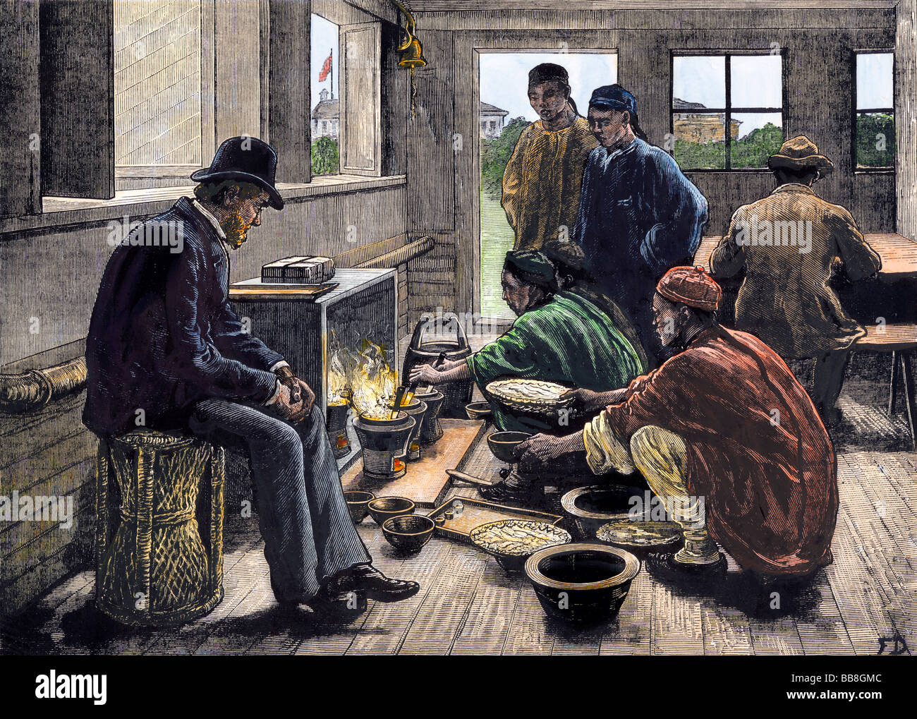 Il punto di ebollizione e oppio test in Cina 1880. Colorate a mano di mezzitoni una illustrazione Foto Stock