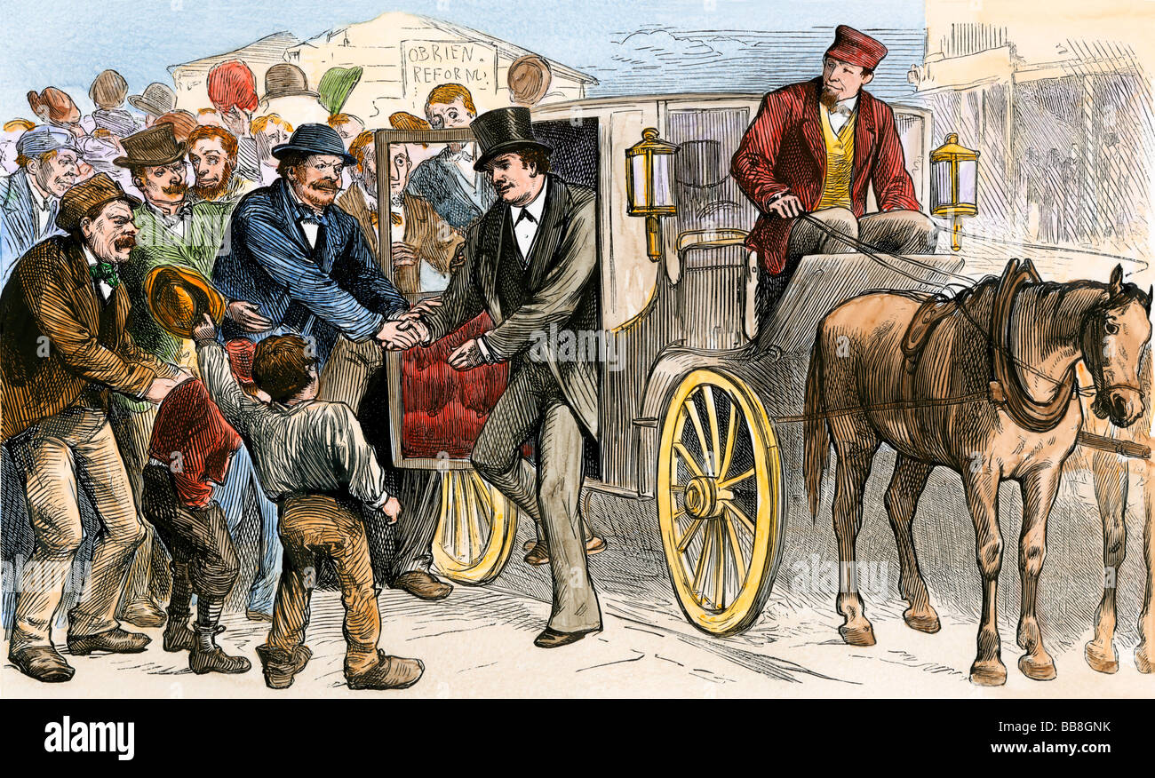 Candidato visitando le urne il giorno delle elezioni 1870 STATI UNITI D'AMERICA. Colorate a mano la xilografia Foto Stock