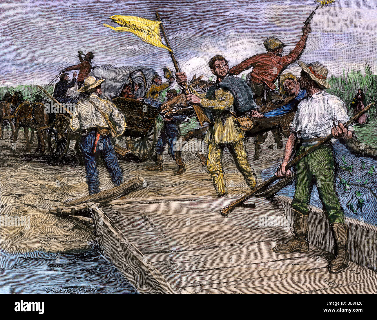 Pro-schiavitù forze traghettare gli elettori del Missouri a Kansas shore a votare contro sporco libero 1850s. Colorate a mano la xilografia Foto Stock