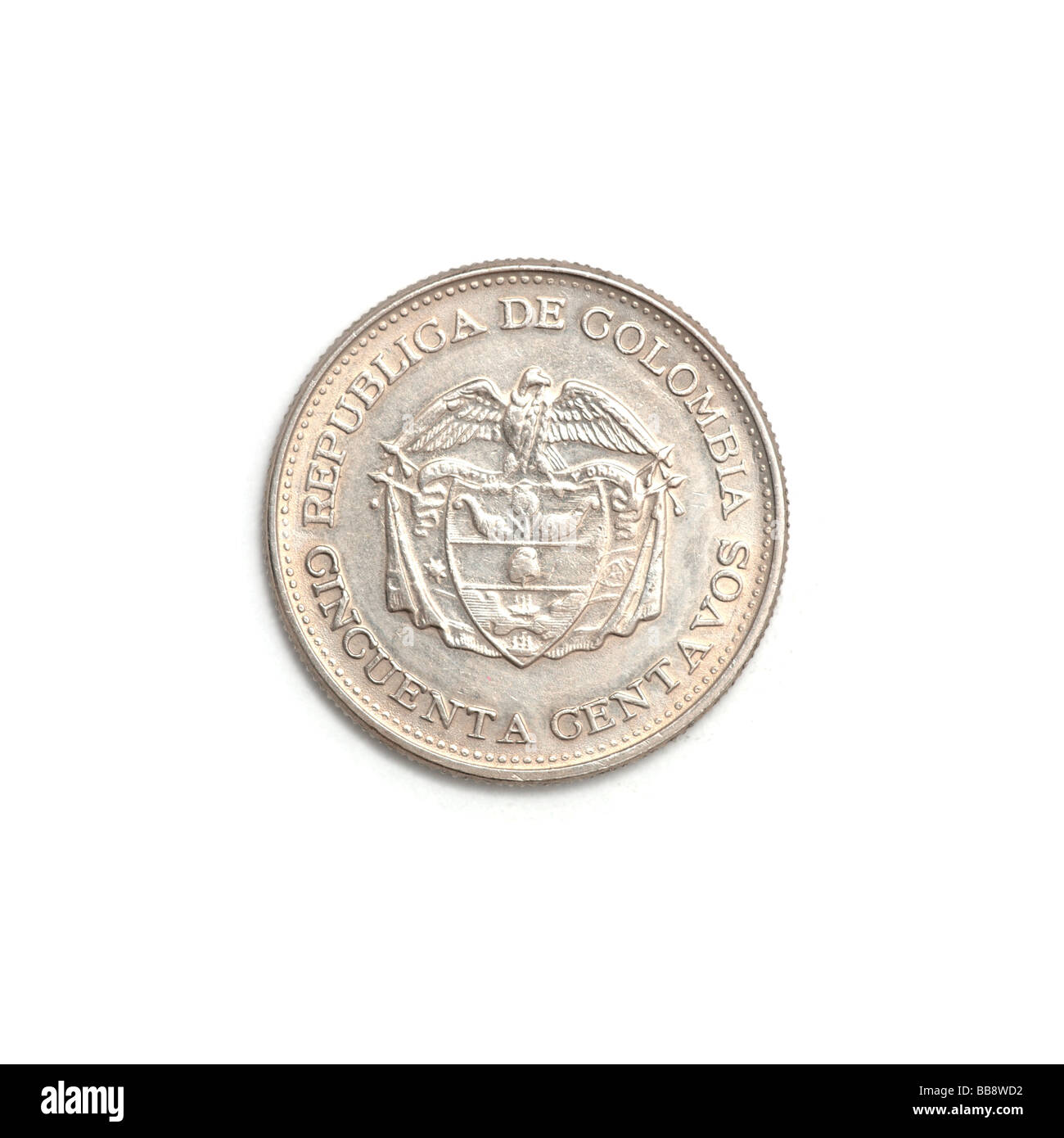Moneta colombiana da 50 centavos che mostra Simon Bolivar Foto Stock