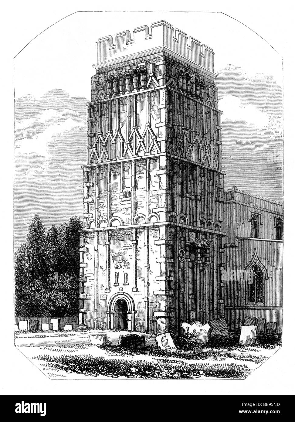 La Saxon Tower of Earls Barton Church del X secolo, Northamptonshire, Inghilterra; disegno di Orlando Jewitt dal 1799 al 1869 Foto Stock